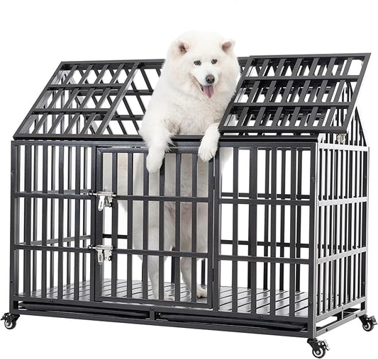 52 Inch Heavy Duty Dog Crate Indestructible and Escape-Proof Dog Crate Cage Kennel for Large/Medium Dogs Extra Large XL XXL with Wheels Removable Tray Double Door