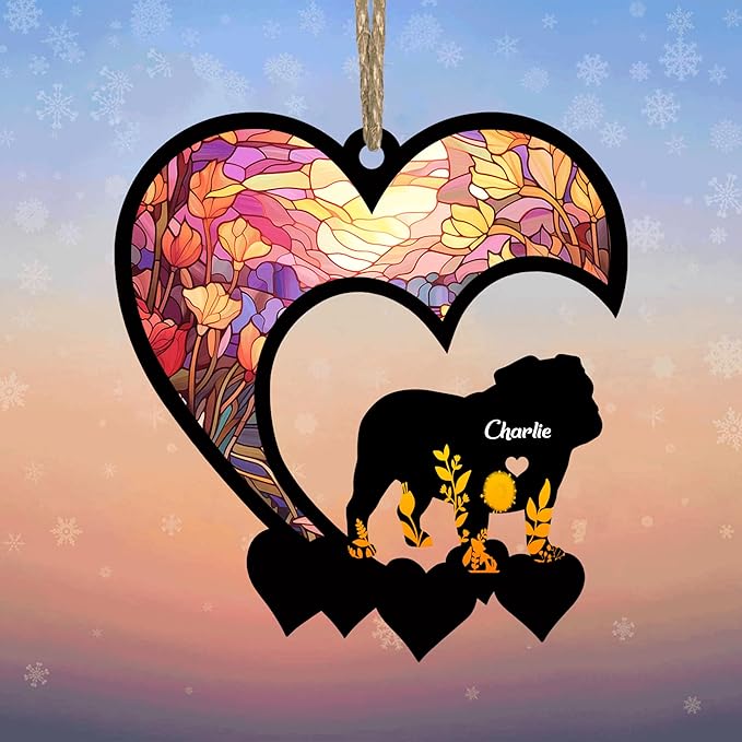 LOVELYPOD Bulldog Pet Memorial Suncatcher Ornament, Personalized Memorial with Name, Dog Loss Sympathy Gift, Fiber Wood, Acrylic Plexiglass