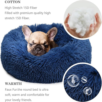 Calming Dog Bed for Small Dogs Washable Donut Cozy Soft Puppy Bed for Extra Small Pet with Anti-Anxiety 19 inches Fits up to 15 lbs,Navy Blue