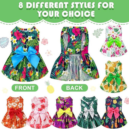 LEIFIDE 8 Pcs Summer Themed Hawaii Dog Dresses Holiday Flamingo Fruit Floral Pattern Pet Skirts Hawaii Puppy Princess Dresses Outfits Bowknot for Girl Dogs Cats Beach(XL)