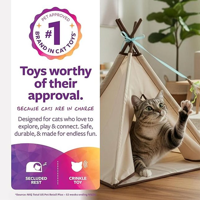 SmartyKat Kitty Camp Crinkle Cat Tent Hideaway, Collapsible Tent with Detachable Feather Toy for Privacy & Play for Cats & Kittens, Beige, One Size