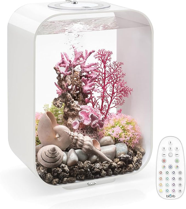 biOrb Life 15 Acrylic 4-Gallon Aquarium with Multi-Color Remote-Controlled LED Lights Modern Compact Tank for Tabletop or Desktop Display, White