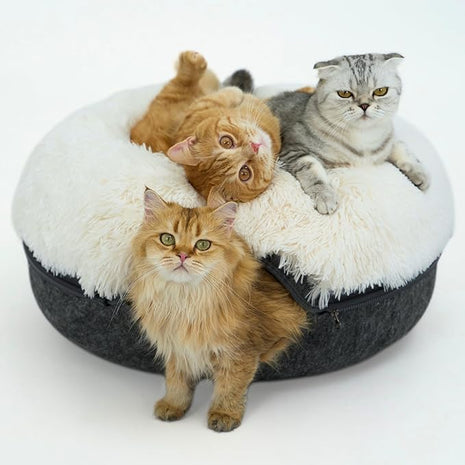 CATTASAURUS Peekaboo Cat Cave for Multiple & Large Cats Up to 30-45 Lbs, Fluffy Cat Beds for Indoor Cats, Scratch Detachable & Washable Tunnel Bed, Comfy Donut Cave (Dark Gray, Large (Calming))