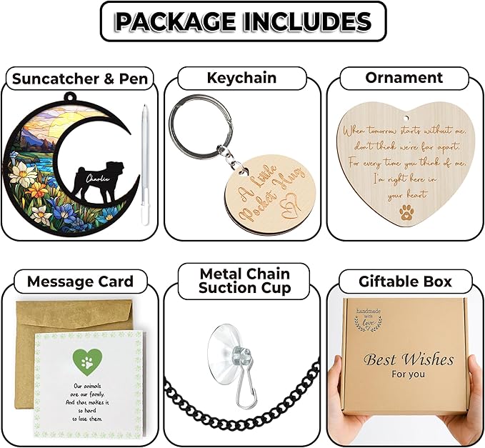 6'' Pug Memorial Suncatcher, Personalized Name Dog Breed, Pet Ornament Window Car Hanging, Sympathy Gift for Loss of Pet, Passed Away Remembrance Gift for Dog Lovers 59-SS1