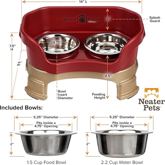 Neater Feeder Deluxe Mess Proof Dog Bowls Elevated for Small Breeds – Made in USA – No Spill Raised Dog Food Bowl Stand w/Leg Extensions – Stainless Steel Dog Food and Water Bowl Set – Red