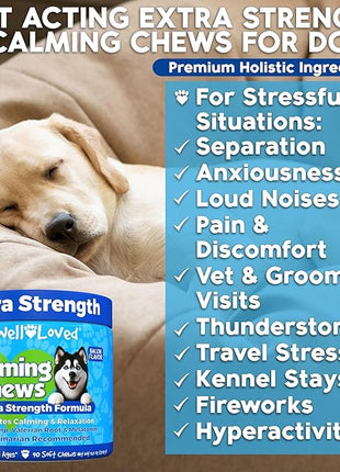 Calming Chews for Dogs - Dog Calm Treats, Made in USA, Vet Recommended, Behavior Support with Melatonin & Hemp, Stress, Separation, Fireworks, Travel, Extra Strength