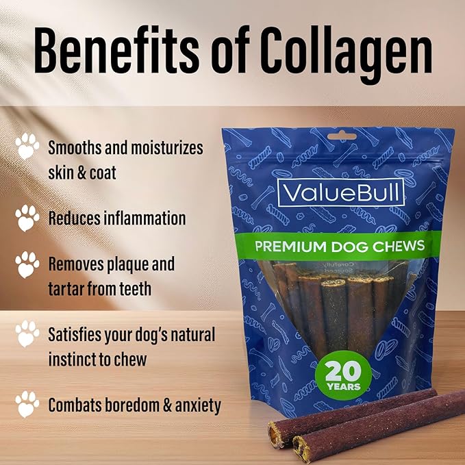 ValueBull Collagen Sticks for Dogs, 6 Inch Thick Chews, Natural Long-Lasting Dog Treats, 50 Count - Supports Joints, Skin & Coat with Chondroitin & Glucosamine