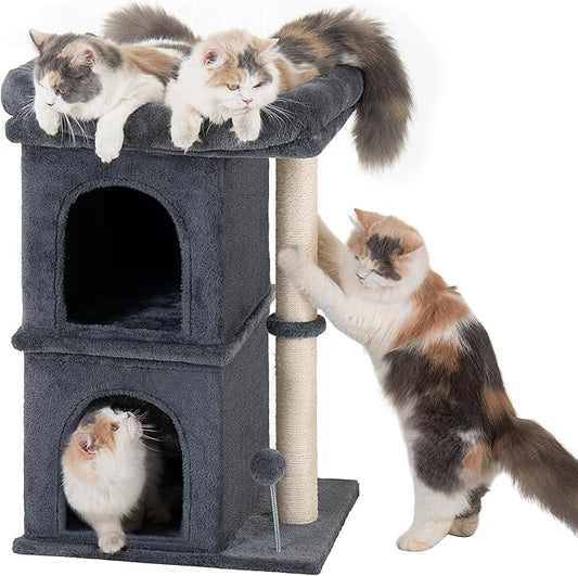 24in Cat Tree Tower with Scratching Post, 19 * 16.5in Window Perch Bed for Large Adult Cats, 2 Small Condo Cubbies for Indoor Kittens, Dark Gray