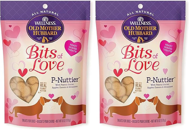 Old Mother Hubbard Wellness Bits of Love P-Nuttier Dog Biscuits, Natural, Seasonal, Valentine's Day Treats, Peanut Butter Flavor, (6 Ounce Bag) (Pack of 2)