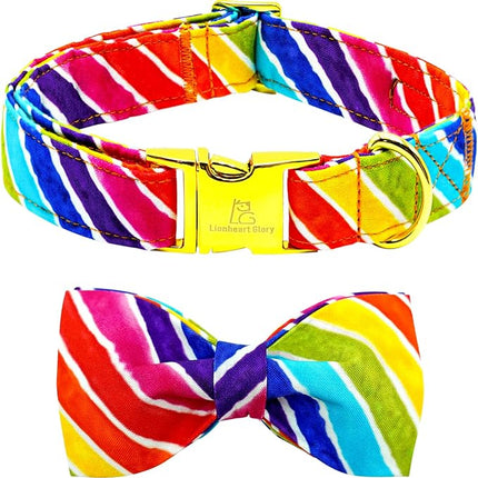 Lionheart glory Rainbow Dog Collar with Bowtie Colorful Summer Dog Bow Collars Heavy Duty Adjustable Pride Collars for Medium Dogs Pet Gift Holiday