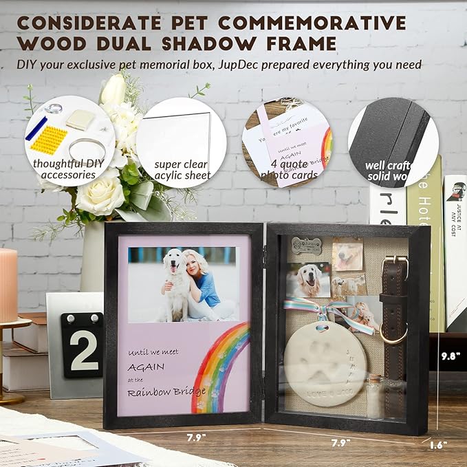 JupDec Dog Memorial Gifts Pet Shadow Box Wooden Picture Frame with Clay Paw Print Kit for Loss of Dog & Cat Remembrance Sympathy Deep Display Case for Keepsake Collar Hair (Black)