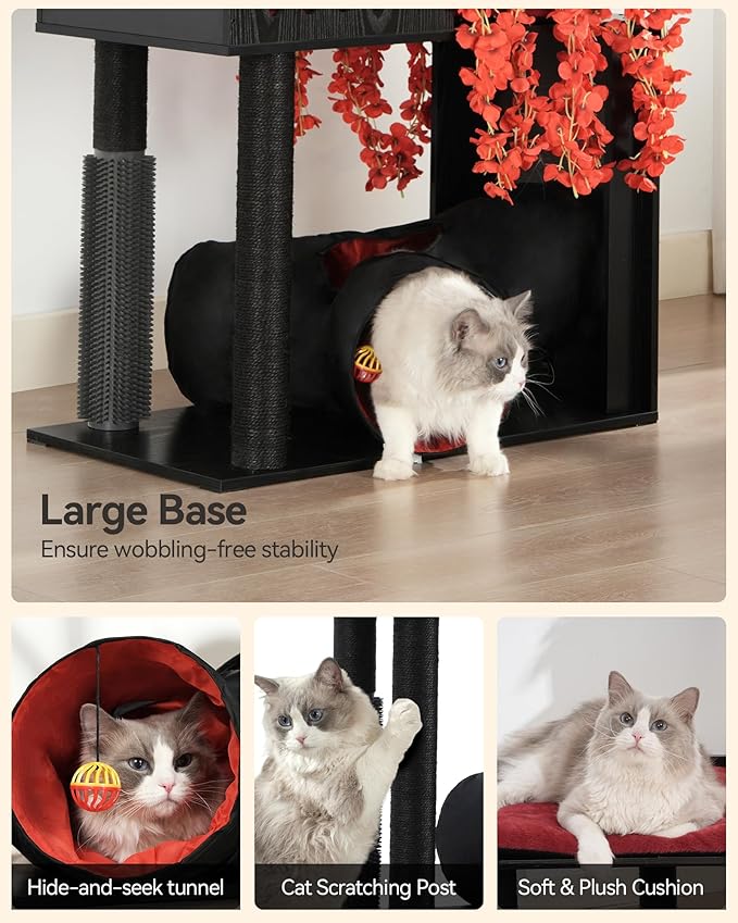 FourFurPets Gothic Cat Tree, 67" Cat Tower for Indoor Cats, Maine Coon Cat Tree for Large Cats 20 lbs+ with Extra-Large Padded Platform, Sisal-Covered Scratching Posts, Comfy Basket, Black & Red