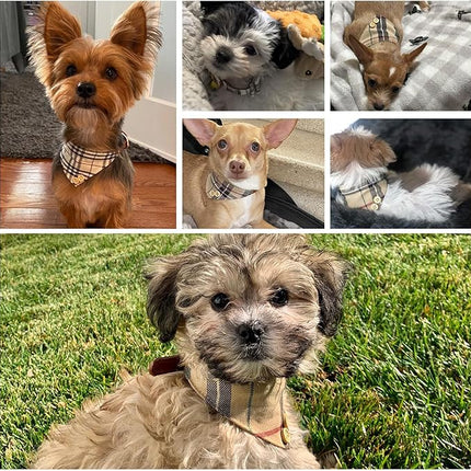 EXPAWLORER Dog Collar and Bandana Set - Classic Plaid Dog Bow Tie and Bandana Collar with PU Leather, Adjustable Collars for Small Medium Large Dogs Cats, Holiday Ideal Gift, Beige XS