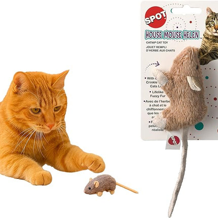 SPOT House Mouse Helen Cat Toy with Catnip – Lifelike Plush Mouse, Crinkle Sound, 4in Small Size for Kittens and Cats, Batting, Chasing, Playing – Assorted Colors