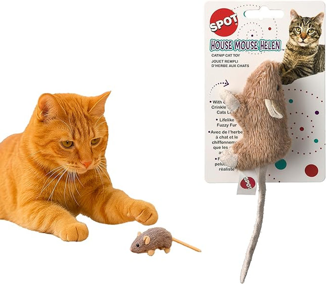 SPOT House Mouse Helen Cat Toy with Catnip – Lifelike Plush Mouse, Crinkle Sound, 4in Small Size for Kittens and Cats, Batting, Chasing, Playing – Assorted Colors