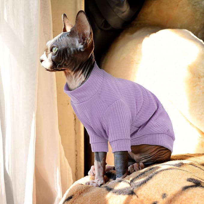 PUMYPOREITY Cat Clothes: Stretchy Cat Shirt & Sweater with Sleeves for Sphynx, Devon Rex & More - Purple
