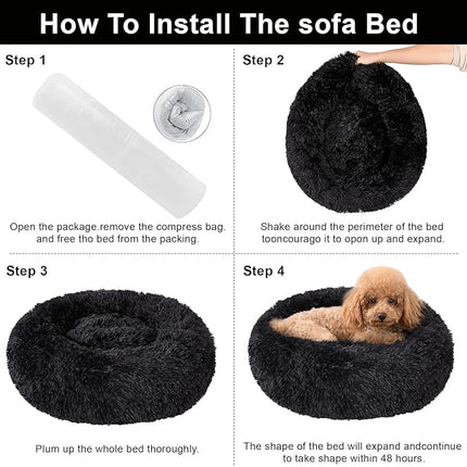 Dog Calming Beds for Medium Large Dogs - Round Donut Washable Puppy Dog Bed, Anti-Slip Faux Fur Fluffy Donut Cuddle Anxiety Cat Pet Bed(28'' Black)