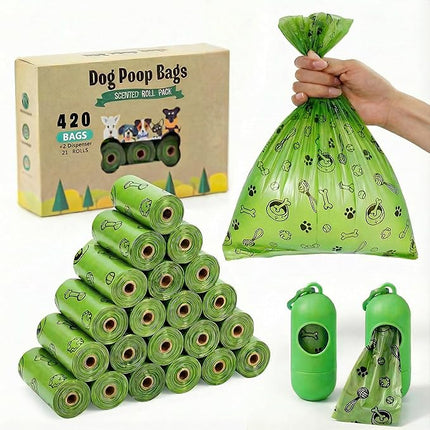 Dog Poop Bags Rolls 420 Counts: TVOOD Extra Thick Poop Bags for Dogs Leak-proof Scented Pet Waste Bags for Doggie Poo - with 2 Dispenser, Green