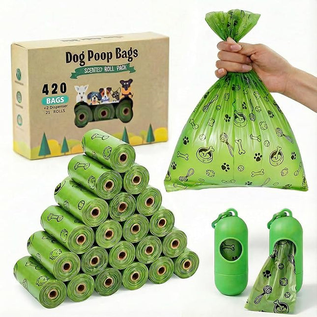 Dog Poop Bags Rolls 420 Counts: TVOOD Extra Thick Poop Bags for Dogs Leak-proof Scented Pet Waste Bags for Doggie Poo - with 2 Dispenser, Green