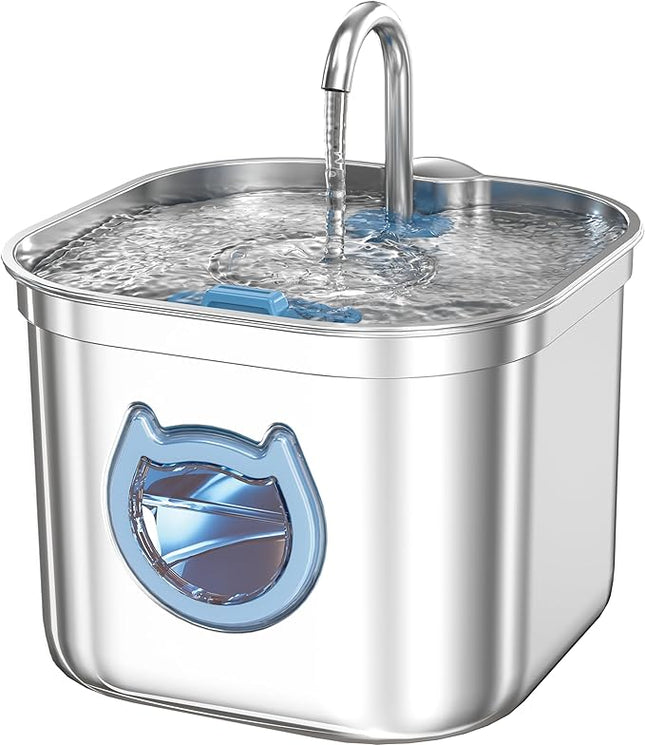 Luxury Automatic Cat Water Fountain for Pets, 2.2L/74oz Stainless Steel Dog Water Dispenser with Filter, BPA Free & Silent, Featuring LED Light, Easy Clean & Cat View Window