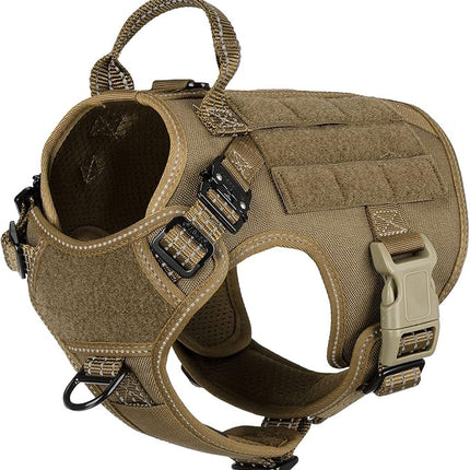ICEFANG Tactical Dog Harness, Small Size,2X Metal Buckle,Working Dog MOLLE Vest with Handle,No Pulling Front Leash Clip,Hook and Loop Panel (Brown,S (Pack of 1))