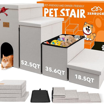 Dog Stairs with Condo 23" H, 4-Step Wider Folding Storage Pet Stairs Gift for Small/Medium/Large Old Dogs Cats, Dog Steps for High Beds Window, Ramp for Climbing Car Up to 200 lbs, Beige