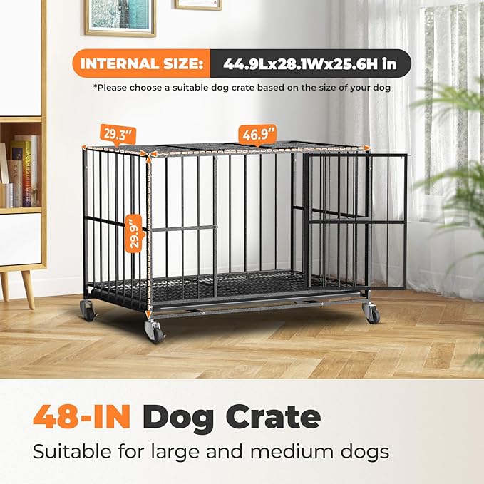48/42/38 Inch Heavy Duty Dog Crate Steel Escape Proof, Indoor Double Door High Anxiety Cage, Removable Tray, Kennel with Wheels,XL XXL