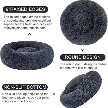 Dog Calming Beds for Small Medium Large Dogs - Round Donut Washable Puppy Dog Bed, Anti-Slip Faux Fur Fluffy Donut Cuddle Anxiety Cat Pet Bed(16" Dark Grey)