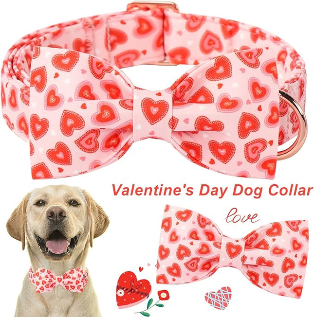 ARING PET Valentine Bow Dog Collar, Pink Red Heart Pet Collar with Bowtie for Small Medium Large Dogs-XS