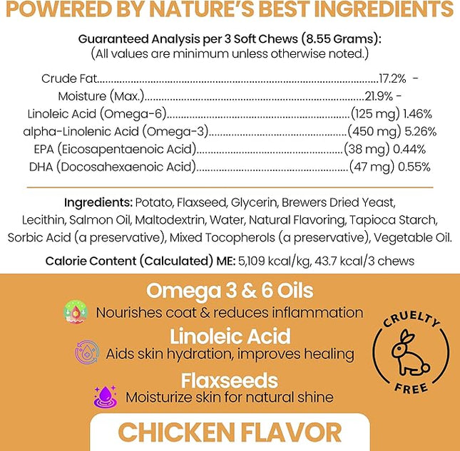 Omega 3 for Dogs - 180 Soft Chew Omega Treats for Skin and Coat - Fish Oil Blend of Essential Fatty Acids, Omega 3 and 6, Vitamins, Antioxidants and Minerals - Made in USA