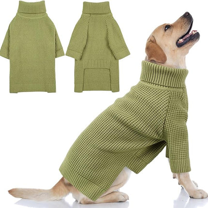 Queenmore Dog Sweater, Turtleneck Dogs Sweaters with Check Pattern, Winter Warm Dog Sweaters for Large Breeds, Solid Pull-on Pet Sweaters, Green L