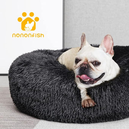 Black Dog Bed for Small Dogs Washble Calming 23 Inch Fluffy Plush Black Dog Bed Round Donut Machine Washable Small Pet Bed