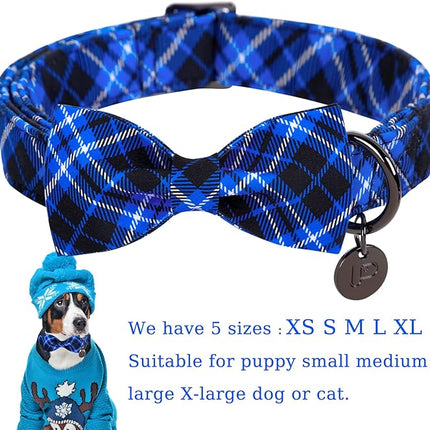 Dog Collar with Bow Tie, Cotton Dog Bowtie Collar for X-Large Girl Boy Dog, Holiday Blue Dog Collar with Durable Metal Buckle, Cute Plaid Pet Collar, XL