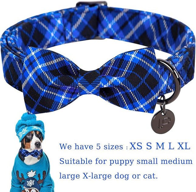 Dog Collar with Bow Tie, Cotton Dog Bowtie for Puppy, Blue Girl Boy Dog Collar with Durable Metal Buckle, XS