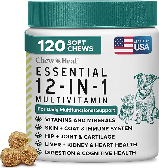 12-in-1 Multivitamin for Dogs - 120 Puppy and Senior Dog Vitamin and Supplement Soft Chews for Hip and Joint - Advanced Formula with Glucosamine, Omega 3,6,9, Vitamins, Probiotics, and More