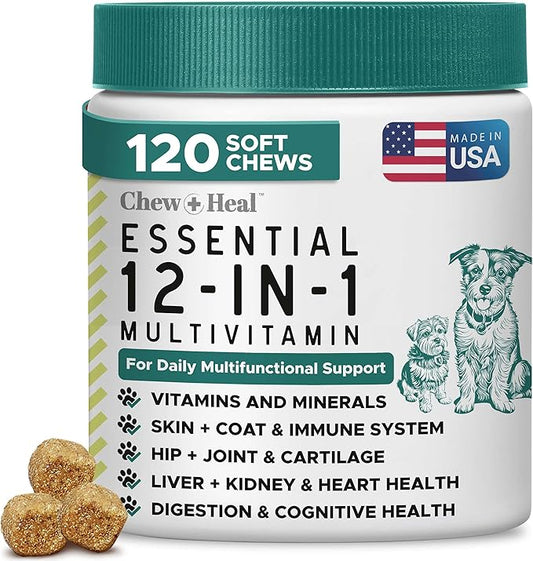 12-in-1 Multivitamin for Dogs - 120 Puppy and Senior Dog Vitamin and Supplement Soft Chews for Hip and Joint - Advanced Formula with Glucosamine, Omega 3,6,9, Vitamins, Probiotics, and More
