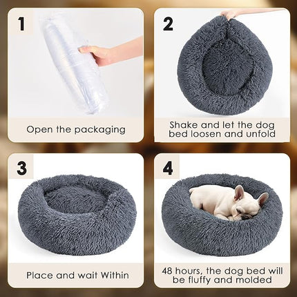 Dogs Bed for Small Dogs, Anti-Anxiety Washable Round Bed (Dark Grey, 24.0" L x 24.0" W x 8.0" Th)