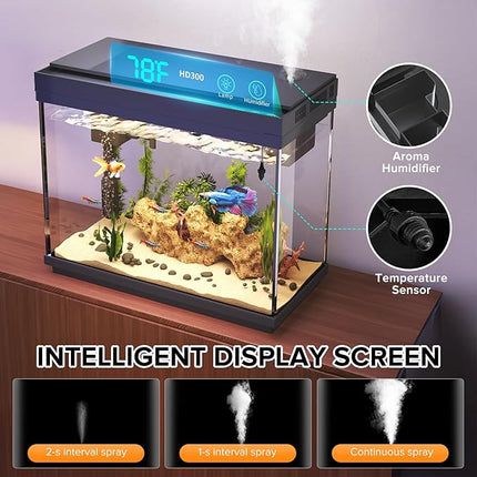 Fish Tank 2.4 Gallon Aquarium with Heater, 3-in-1 Silent Pump with Filteration & Oxygenation & Circulation, 7-Color Timer Cycle Light, Temperature Display, Humidifier, HD Glass Fish Bowl