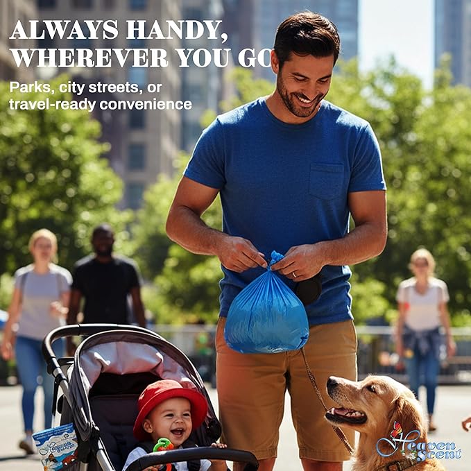 Heaven Scent Dog Poop Bags with Easy Tie Handles | Baby Powder Scented Waste Bags | blue Doggie Poop Bags for Dog Walkers | MADE IN THE USA