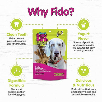Fido - Belly Bones for Dogs, 8 Yogurt Flavor Medium Dog Dental Treats (Made in USA) - 8 Count Dog Treats for Medium Dogs - Plaque and Tartar Control for Fresh Breath, Digestive Health Support