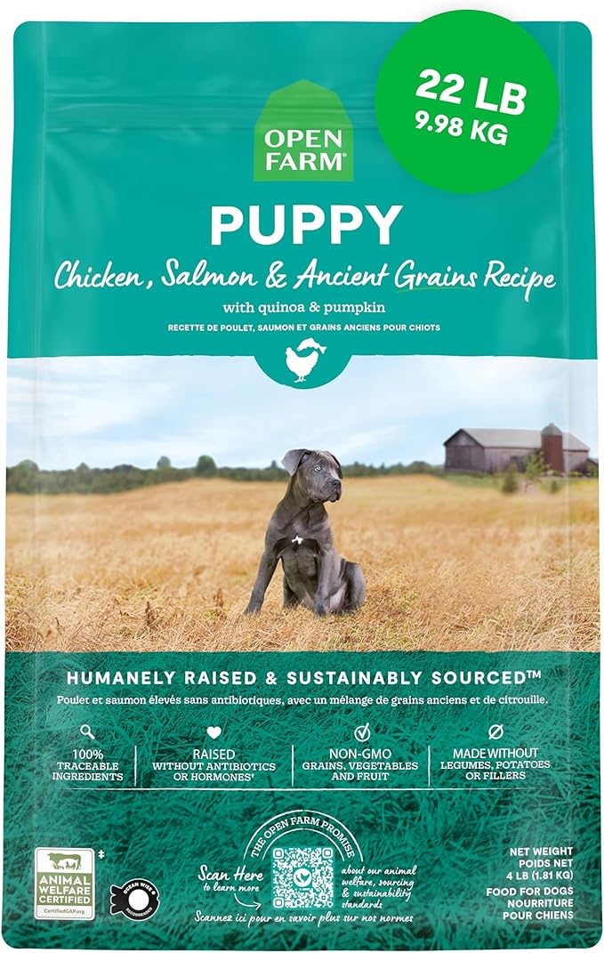 Open Farm, Ancient Grains Dry Dog Food for Puppies, Protein-Rich & Nutrient Dense, 90% Animal Protein Mixed with Non-GMO Fruits, Veggies and Superfoods, Chicken & Salmon Recipe for Puppy, 22lb Bag