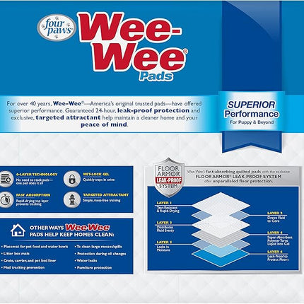 Four Paws Wee-Wee Superior Performance Unscented Pee Pads for Dogs & Puppies, Quilted Leak-Proof Dog Housebreaking Potty Training Floor Protection, 22" x 23", 100 Count