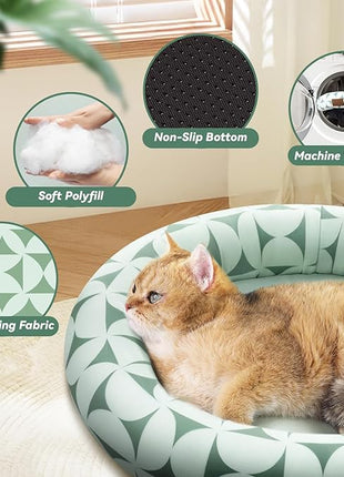 Cat Bed, 20In Dog Beds for Small Dogs, Calming Cat & Dog Beds for Indoor Pets, Pet Beds Comfortable Donut Round Ultra Soft (Green Pattern, 20.0" L x 20.0" W x 6.5" Th)