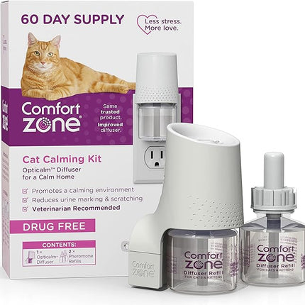 Comfort Zone 60 Day Starter Kit: 1 Cat Calming Diffuser & 2 Refills; Cat Pheromones Help Anxiety; Reduce Stress, Urine Marking, Scratching