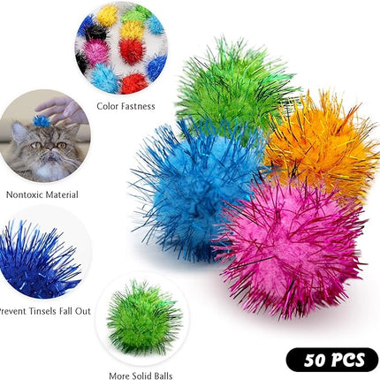 50PCS 1.5 INCH Sparkly Cat Toys Extra Large Cat's Favorite Chase Glitter Ball Toy Sparkle Pom Pom Balls