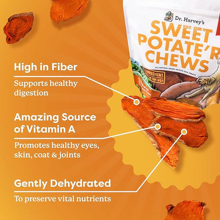 Dr. Harvey's Sweet Potato Chews for Dogs, Dog Treats for Small, Medium, Large Dogs, Natural Dog Snacks for Training, Healthy Teeth, Preventing Bad Breath, and Aggressive Chewers, USA Grown (3 Pack)