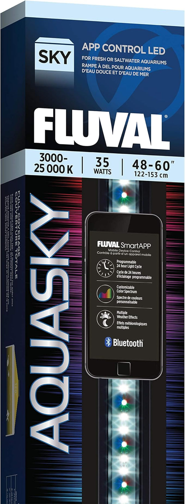 Fluval Aquasky 2.0 Bluetooth LED Aquarium Light – 35W, 48–60" | RGB + 6500K White LEDs | App-Controlled 24-Hour Cycle & Weather Effects | IP67 Waterproof | 120 Wide Coverage