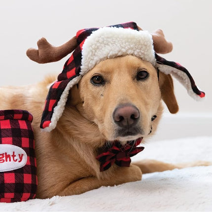 Huxley & Kent Pet Hat | Antler Buffalo Check (Medium) | Festive Christmas Holiday Accessory for Dogs/Cats | Holiday Pet Hat | SnugFit Sliding Toggles for Best Fit