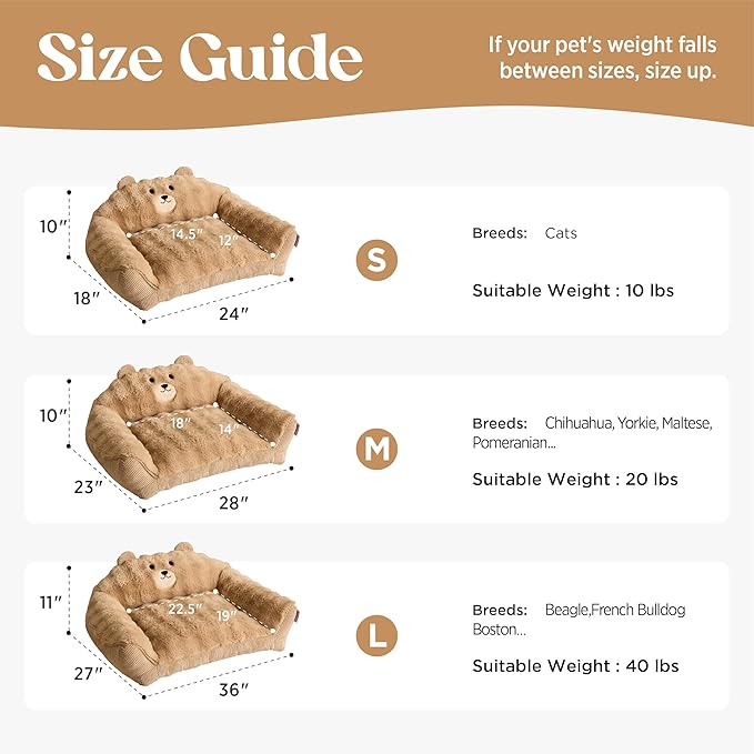 LE SURE Cute Cat Couch for Pets - Fluffy Original Bear Design Cat Beds for Indoor Cats, Fuzzy Cats Sofa with Removable Washable Cover, Supportive Pet Chair, 24inch, Brown