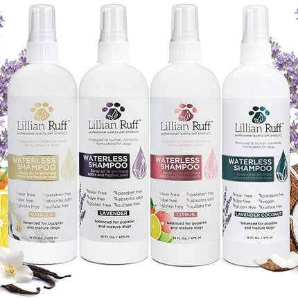 Lillian Ruff Waterless No-Rinse Dog Dry Shampoo Spray with Hydrating Essential Oils - pH-Balanced Dry Shampoo for Dogs - Clean, Condition, Detangle & Deodorize Dry, Sensitive Skin (Lavender Coconut)